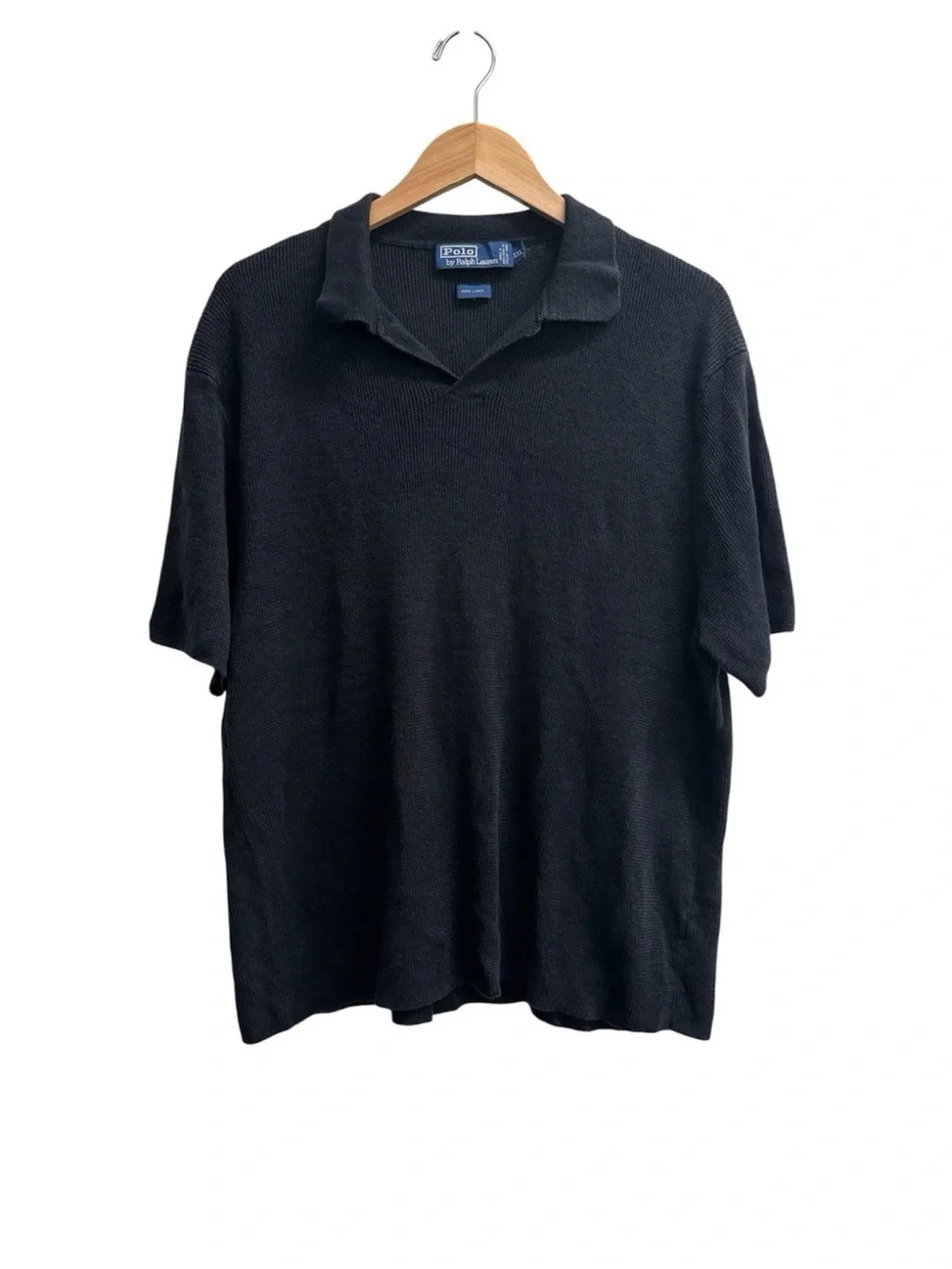 Polo Ralph Lauren Linen Knit Polo Shirt L Black Italian Yarn Short Sleeve Mesh